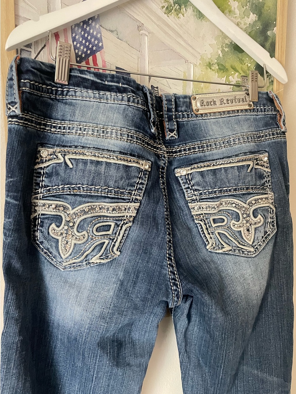 Rock Revival Doreen Easy Boot Cut Jeans Rhinestone Fleur De Lis Size 32
